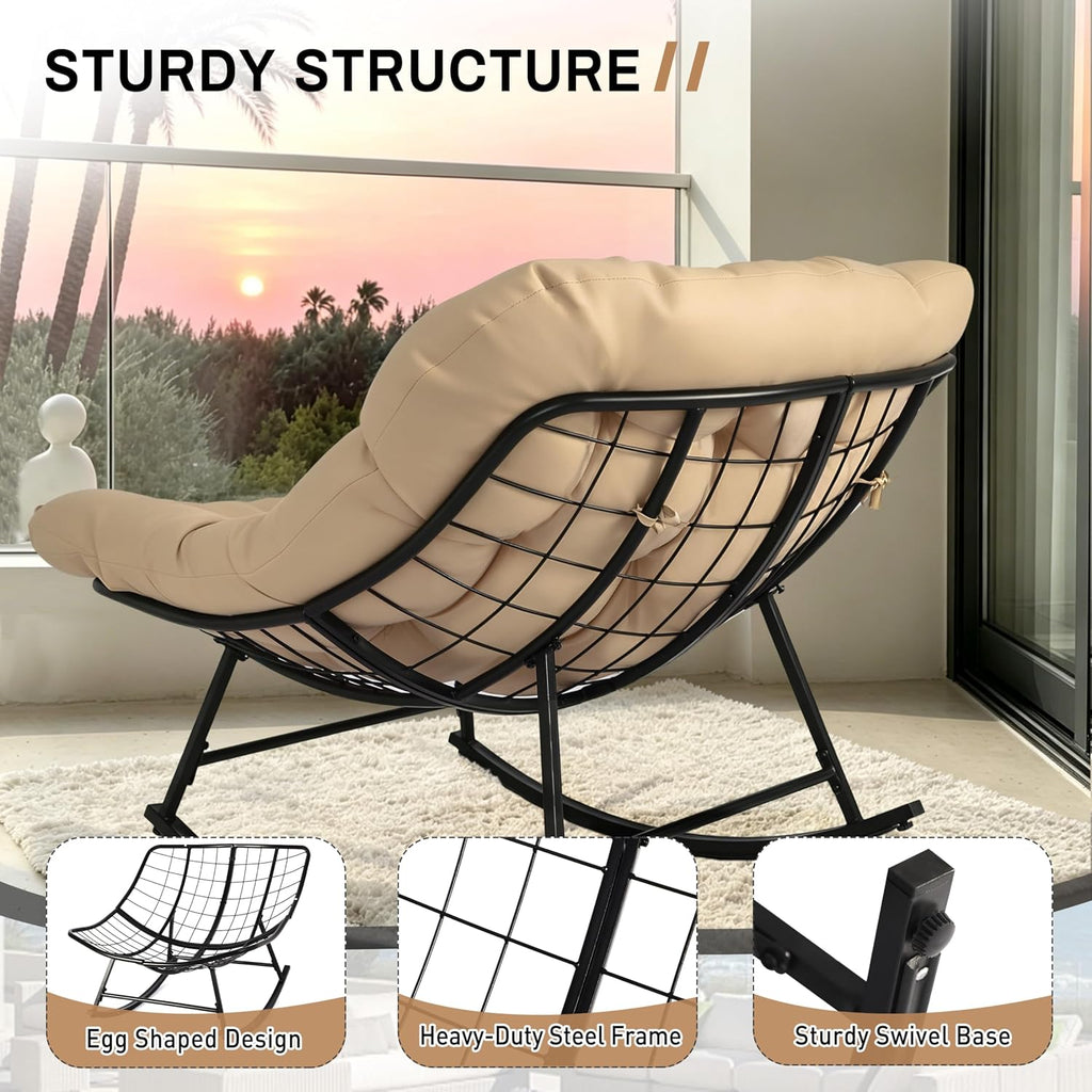 Oversized Outdoor Papasan Rocking Chair with Thick Cushion, Modern Egg Style Patio Rocker, Comfy Deep Seat Lounge