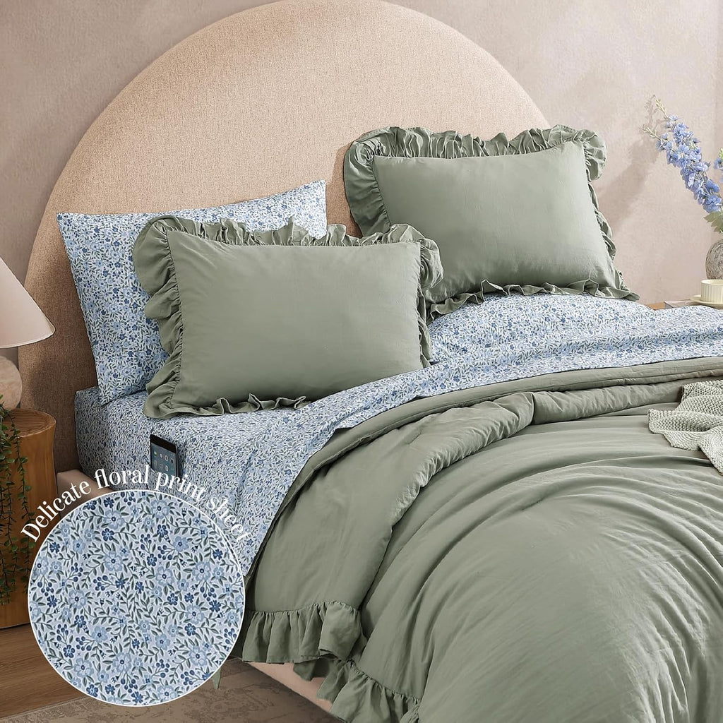 Comforter Set - 7 Pieces Ruffle Sage Green Bedding Sets