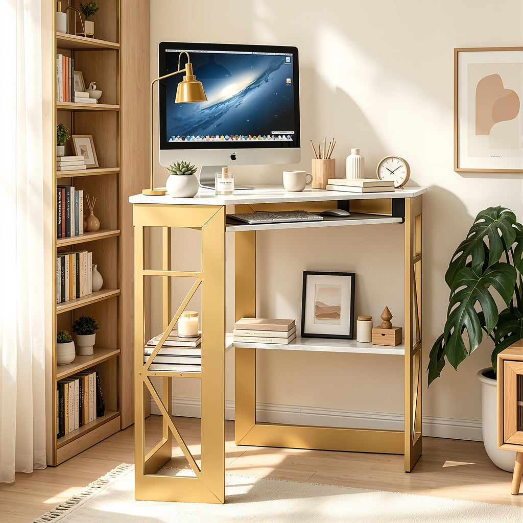 Corner Computer Desk 41 x 30 inches with Smooth Keyboard & Storage Shelves Workstation, White & Gold