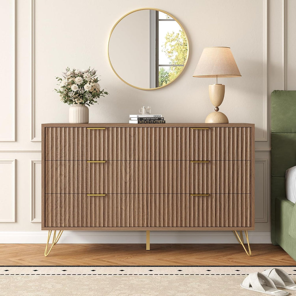Fluted 6 Drawers Dresser , Wood Dressers with Scratch-Proof Golden Handles, Natural Curved Profile, Modern Double