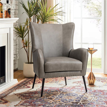 Faux Leather Accent Chair, Grey | Wingback design with removable cushion, nailhead trim, and metal legs , reading