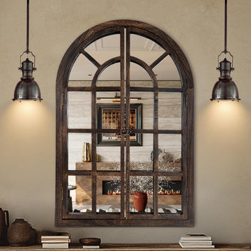 Arched Wall Mirror with Wood Window Pane Frame, 26 x 38 Inch, Brown