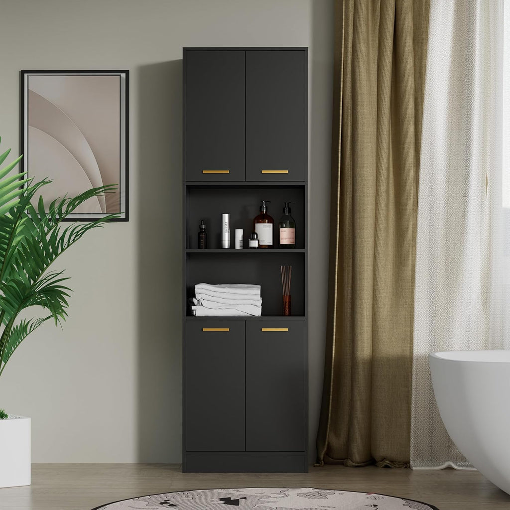 Kitchen Pantry Cabinet, 75" Tall Wood Storage Cabinet with Doors and Shelves, 4 Doors Open Countertop Utility Hutch