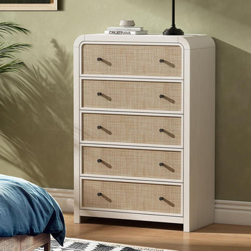 5 Drawer Tall Dresser , 47'' Rattan Dresser with Ample Storage, Boho Chest of Drawers, Thickened Curved Profile