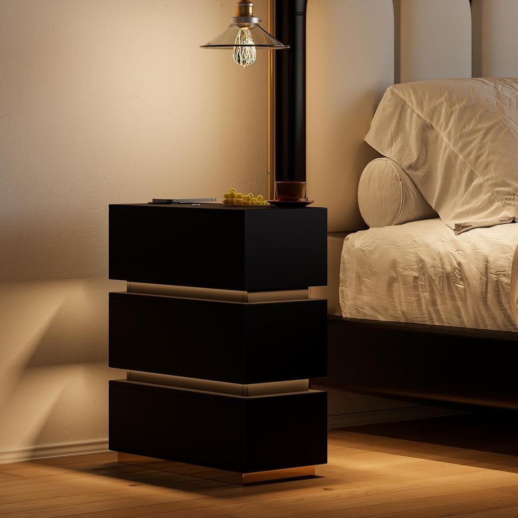 Narrow Smart Nightstand with Wireless Charging, USB & Type-C Ports, Modern LED Bedside Table with 3 Drawers, Black