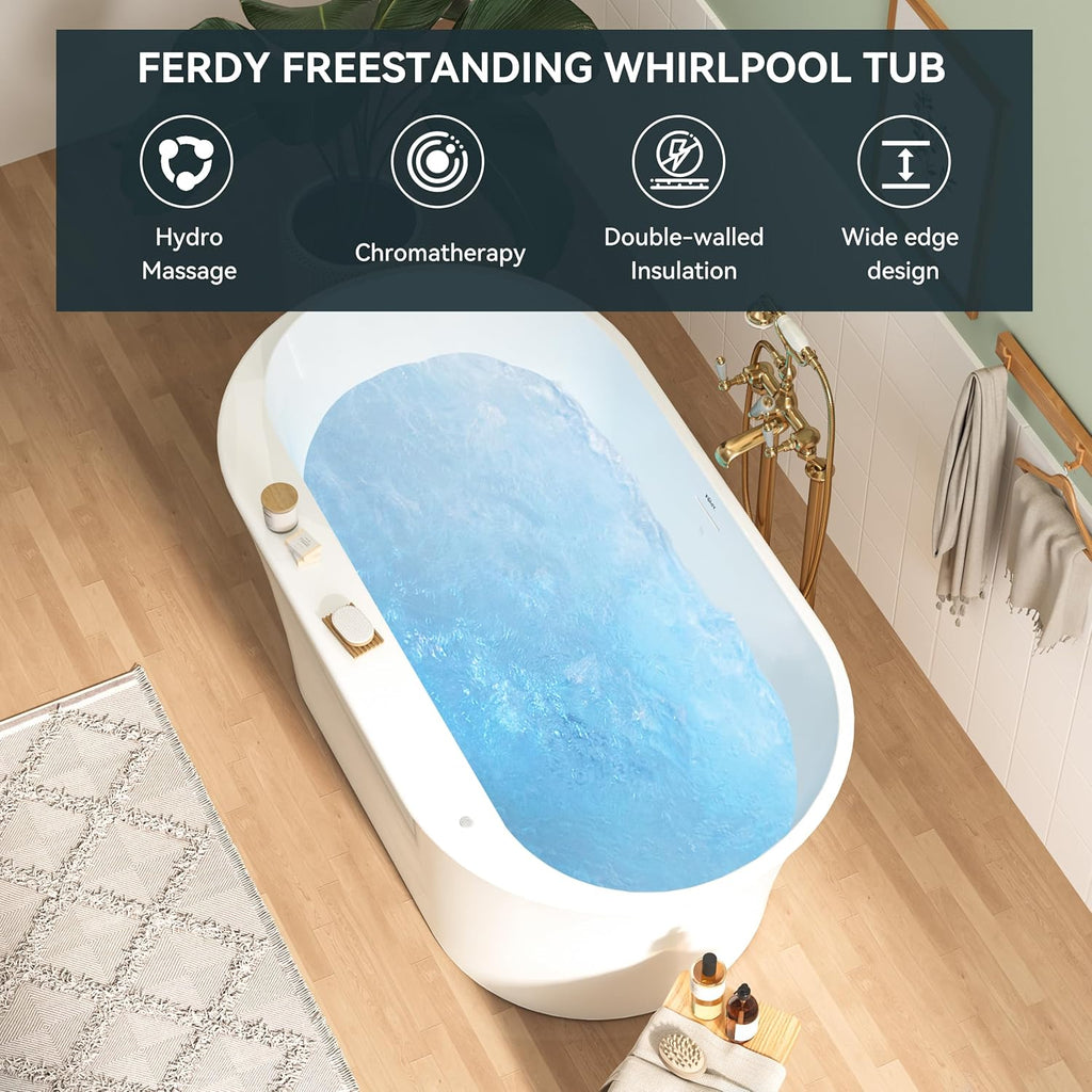 Mauritius 59 Inch Acrylic Freestanding Whirlpool Bathtub, Oval with 8 Air Water SPA Jets Morden White Stand Alone