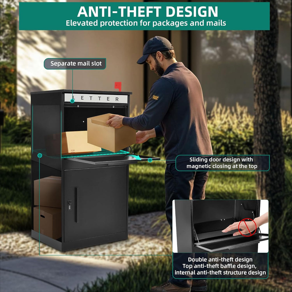 35" H Package Delivery Boxes with Mail Slot, Sliding & Password Lock Door, 19" x 15.8" x 35" Anti-Theft Parcel Drop Box