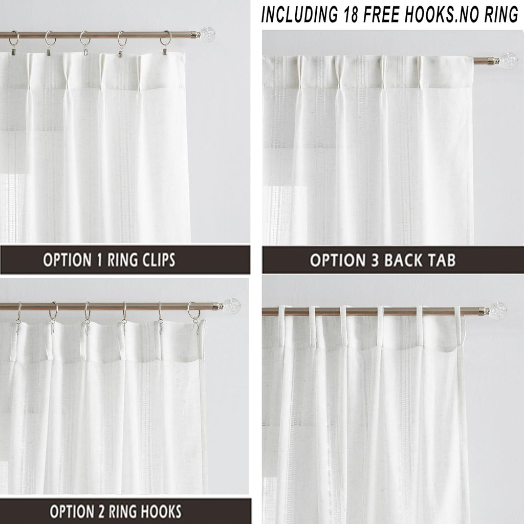White Bohemian Pinch Pleated Semi Sheer Curtains 63 Inch Long