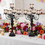 Black Candelabra Centerpieces for Tables - 5 Arm Crystal Pendant Candle Holders, Elegant Metal Centerpieces