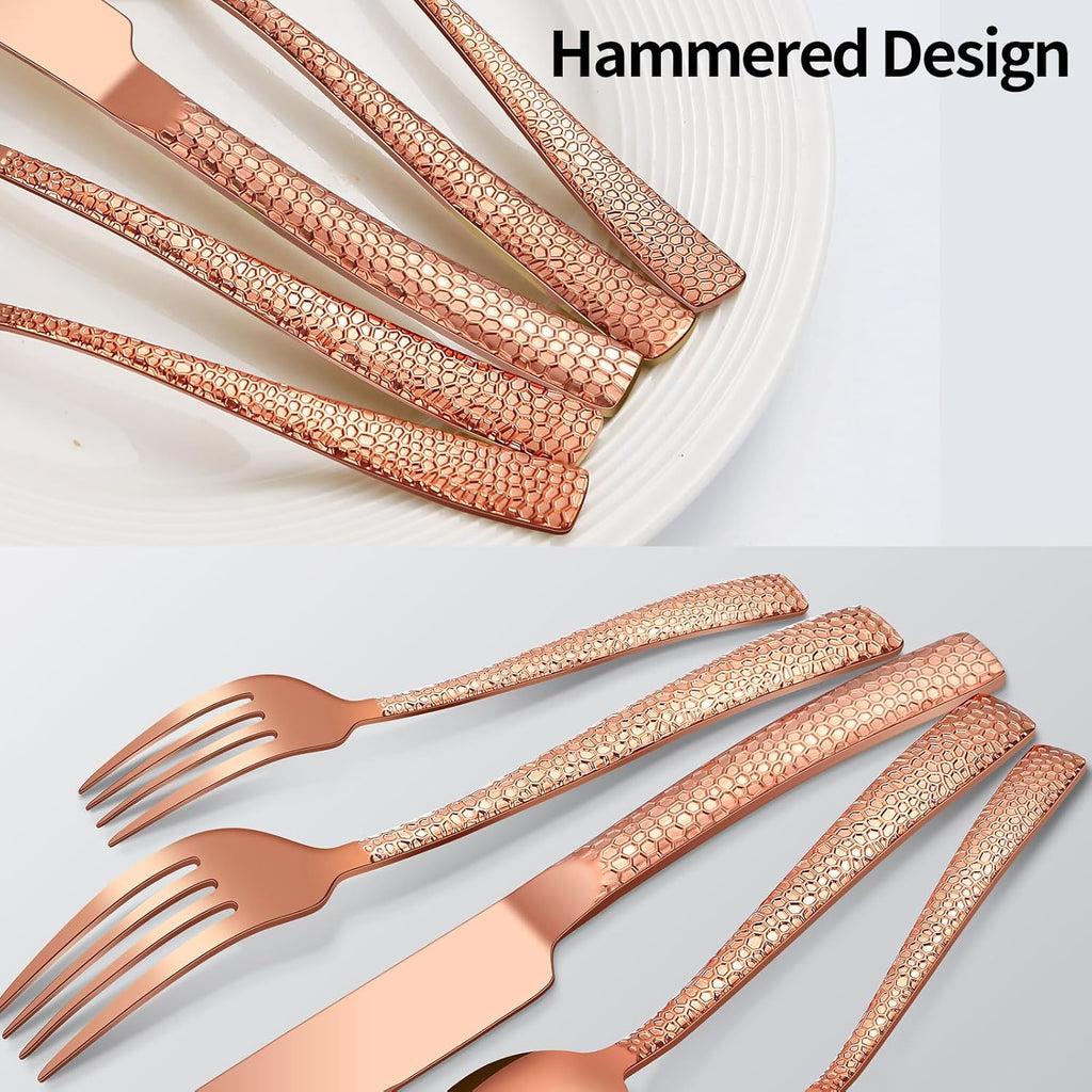 40-Piece Silverware Set, Rose Gold Hammered Stainless Steel Flatware Sets for 8, Food-Grade Tableware Set