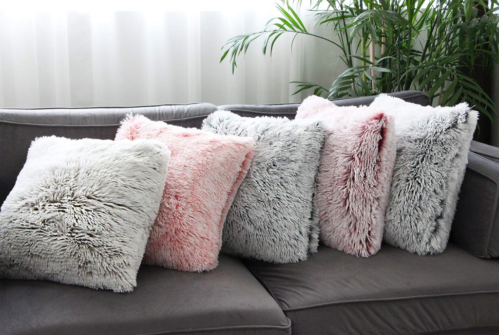 2 Packs Fluffy Accent Pillows Cover 22"x22", Soft Brown Ombre Artificial Fur Throw Pillow Case, Modern Luxury