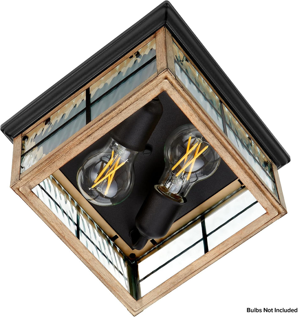 Outdoor Flush Mount Ceiling Light Fixture, Wood Grain, 2-Light | Water Glass, Square Farmhouse, Porch or Patio Light