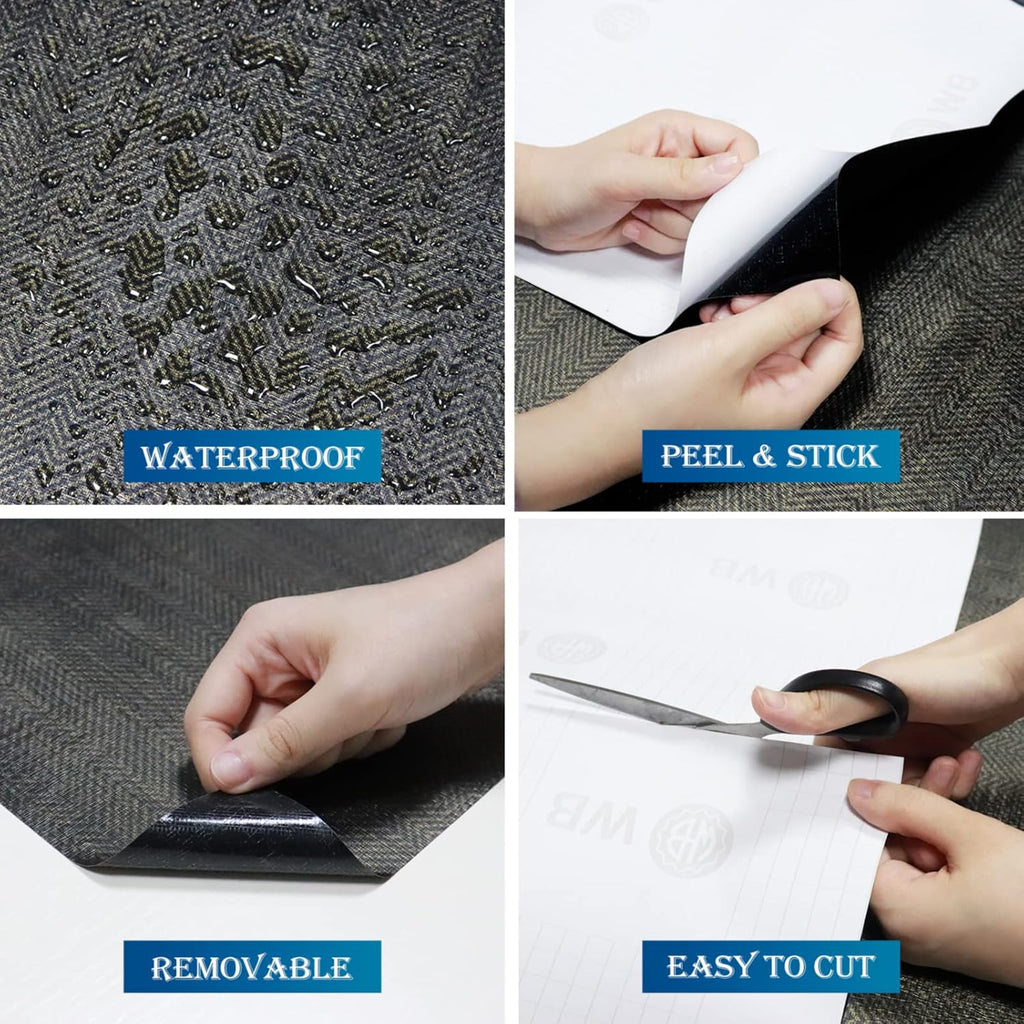 24"x394" Black and Gold Grasscloth Peel and Stick Wallpaper Textured Black Contact Paper for Cabinets Removable Linen