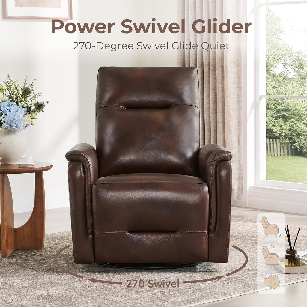Genuine Leather Swivel Recliner Chairs for Adults, Electric Glider Rocker W Power Headrest USB-C Charger , Brown