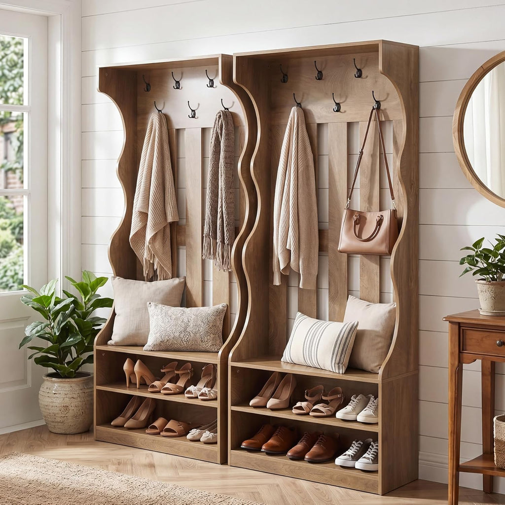3-In-1 Coat Rack with Shoe Bench, 70.9" Tall Hall Tree with 7 Hooks, Farmhouse Entryway Coat Rack with 2 Tier Shoe