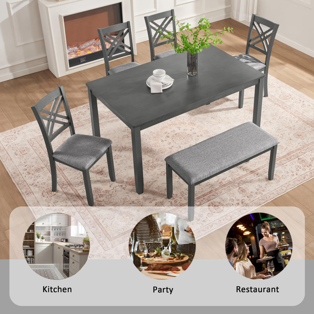 6 Piece Kitchen Dining Room Set, Rectangular Wooden Dining Table with 4 X-Back Upholstered Chairs and 1 Bench, Modern