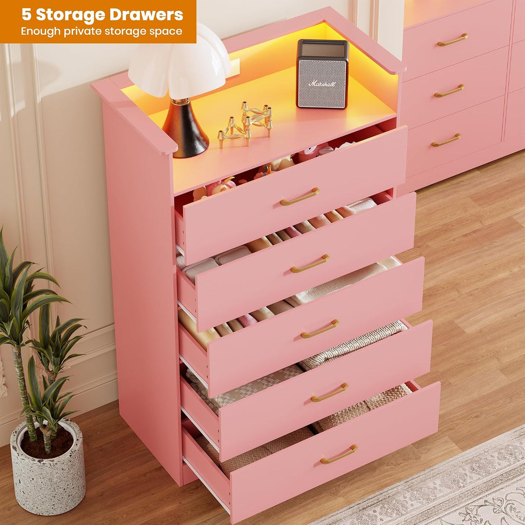 5 Drawer Dresser - 51" Tall Vertical Chest of Drawers with LED Light and Charging Station, Modern Organizer Cabinet