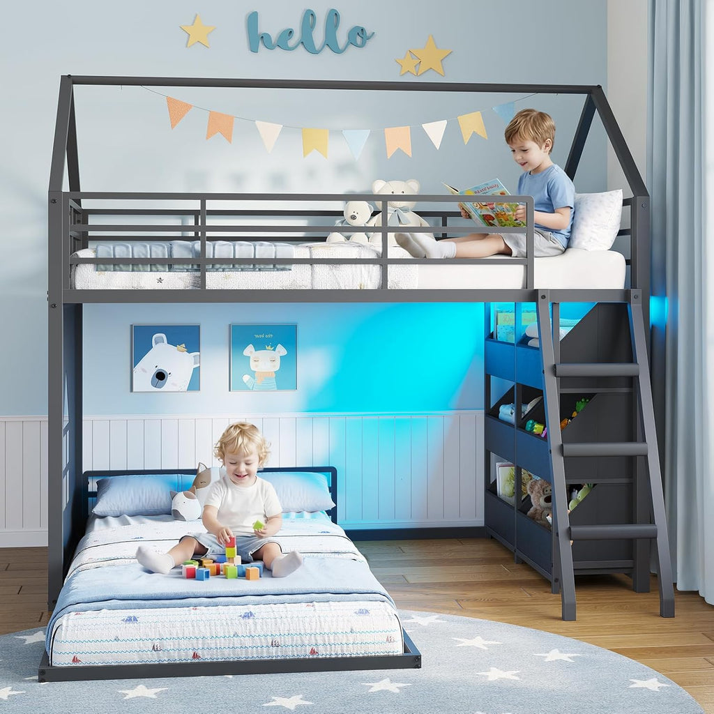 Low Bunk Bed Twin Over Twin with Toy Storage Organizer-6 Removable Bins, Floor Bunk Beds with LED Lights