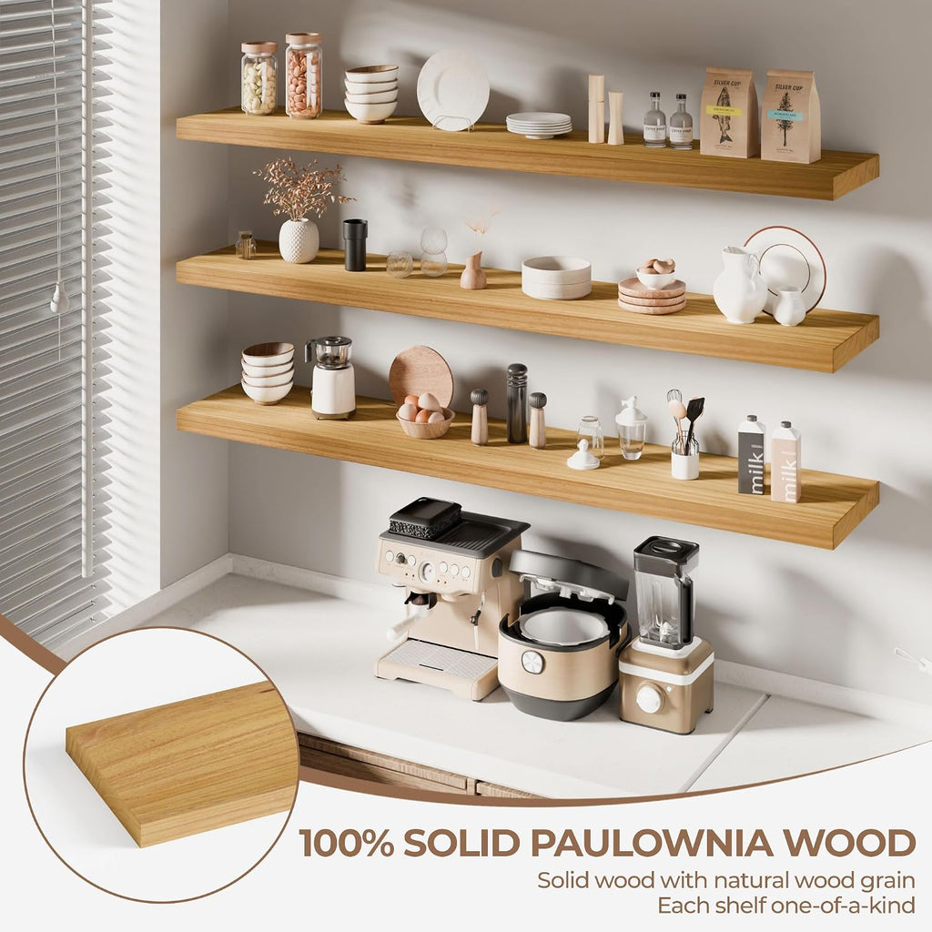 60 Inch Long Floating Shelves for Wall Set of 3, Solid Wood Natural Floating Shelves 10in Depth, 5ft Large Wall Shelf