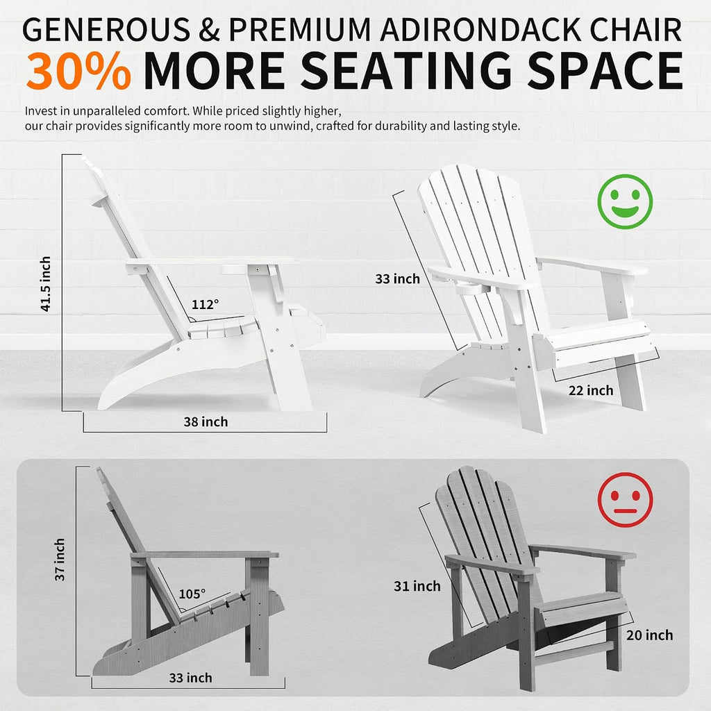 Oversized Adirondack Chairs with Cup Holder, White | Poly Lumber Patio Chairs,350Lbs Support, All Weather Patio