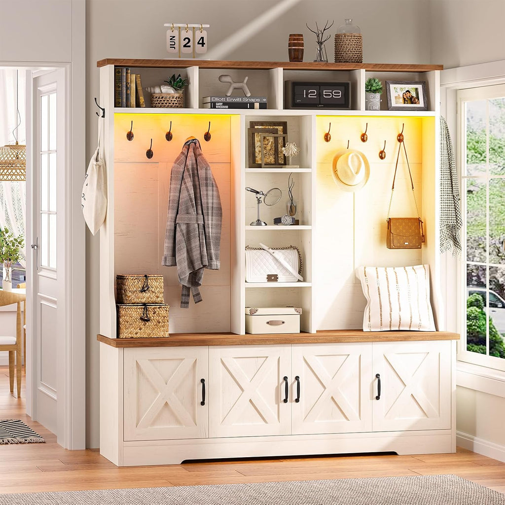 Hall Tree with Bench and Shoe Storage, Farmhouse Entryway Bench with Coat Racks and Led Lights, Large Hall Tree with