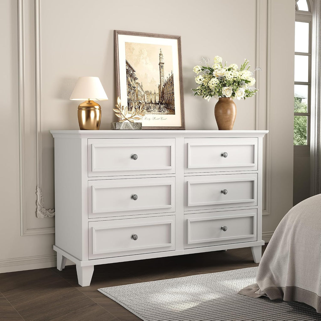Farmhouse White Dresser with 6 Drawer, Double Dresser TV Stand with Vintage Handle, Wide Wood Dressers & Chests of