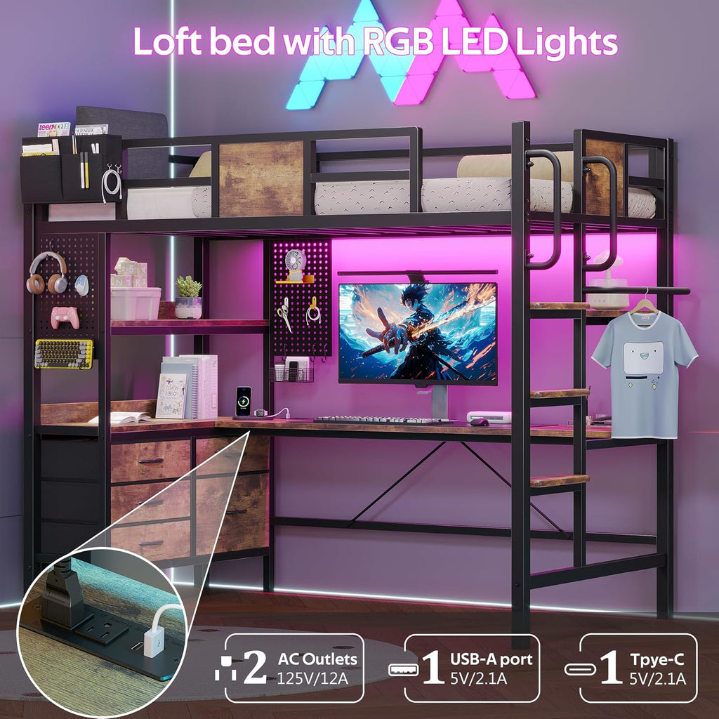 Loft Bed with Desk,Twin Loft bed with 5 Storage Drawers & 2 open Shelves & LED Light and Charging Station,Loft Bed