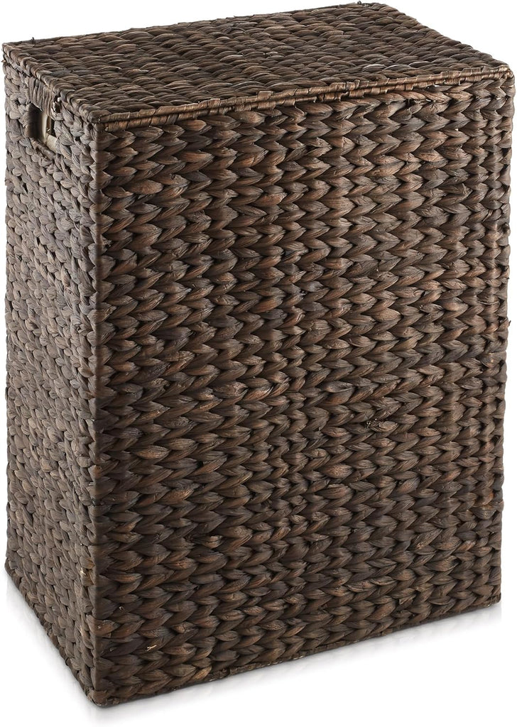 Large Laundry Hamper with Lid and Removable Liner Bag - Espresso Dark Brown, Woven Water Hyacinth Rectangular Laundry