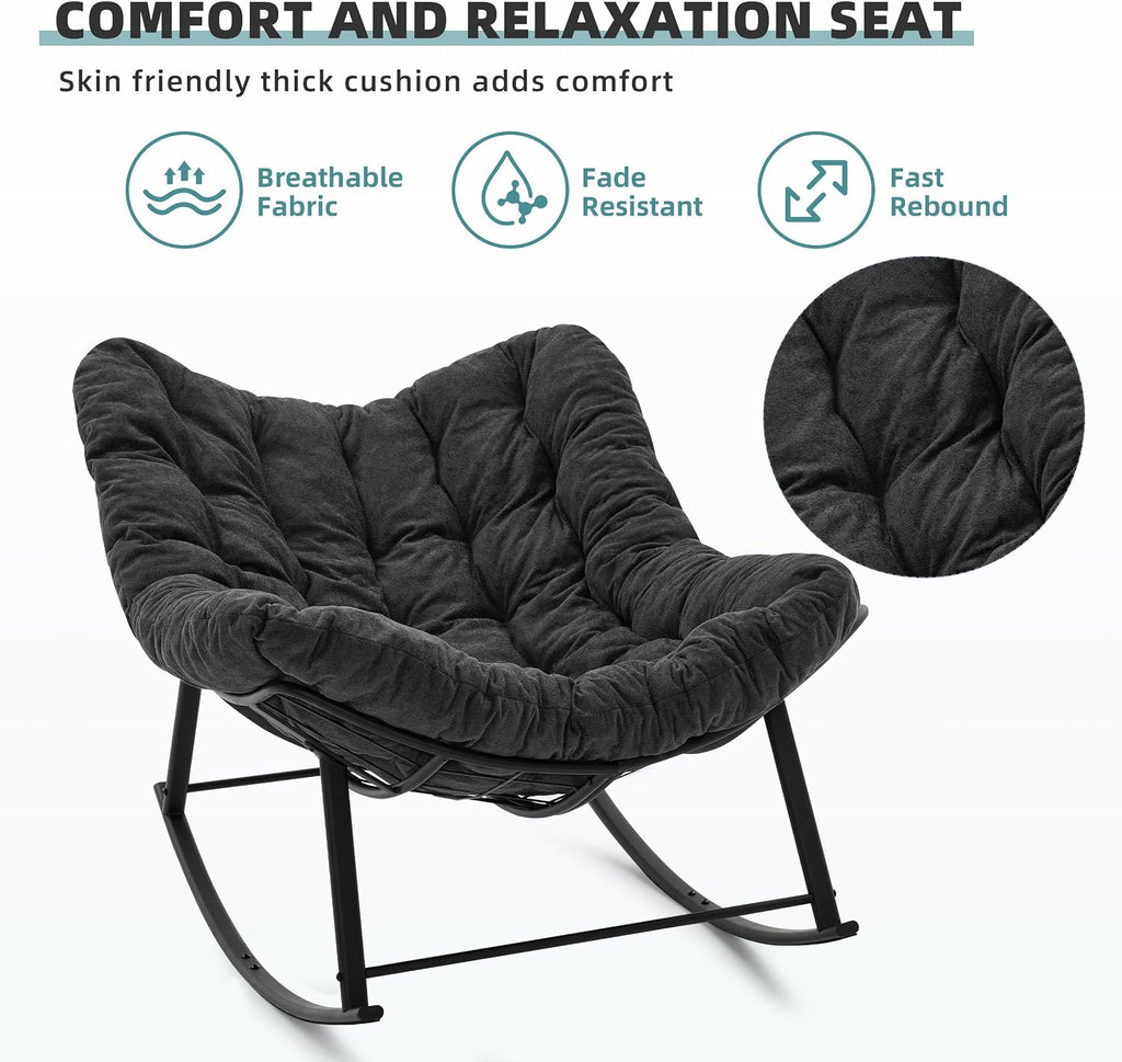 Oversized Papasan Rocking Chair with Cushion, Indoor Outdoor, Dark Grey | Lounge Chair with Cushion, Patio Egg Rocker