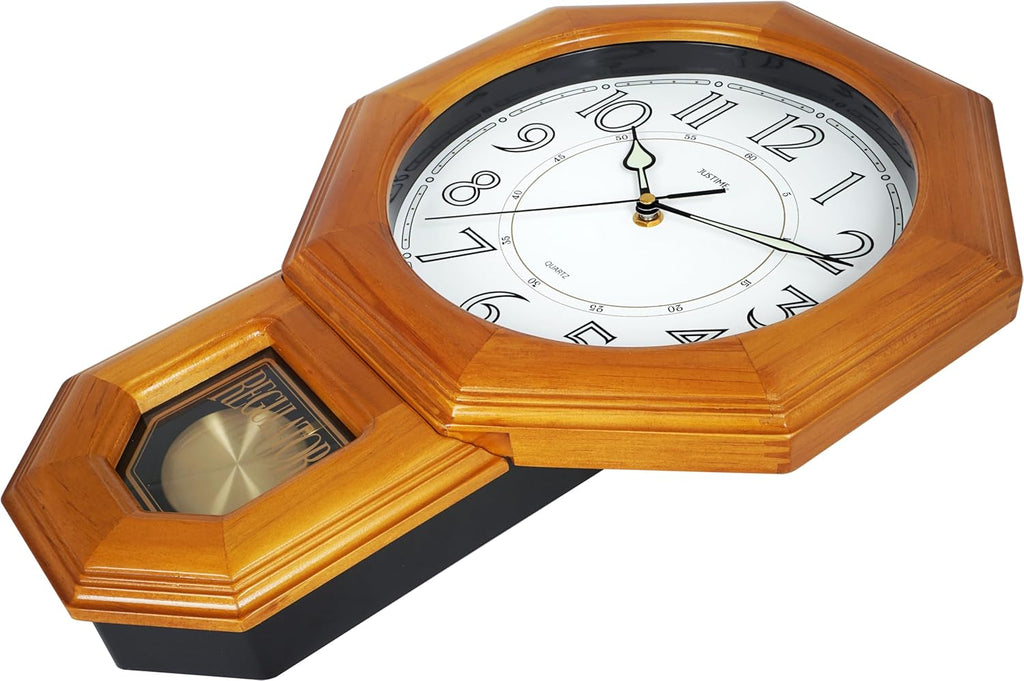 Traditional Luminous Schoolhouse Solid Wood Pendulum Wall Clock Chimes Hourly with Westminster Melody Chime Made in Taiwan (Natural Wood...