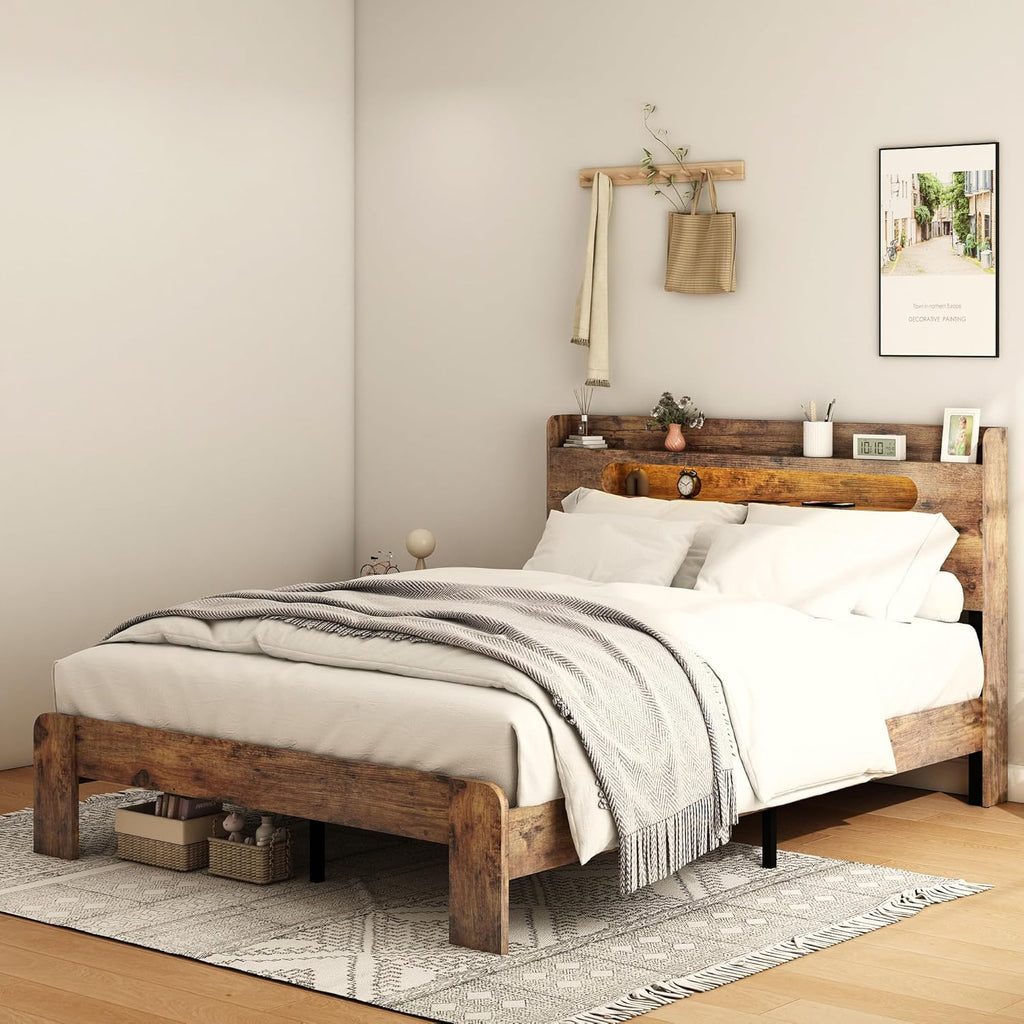 Wooden Queen Bed Frame with Storage Headboard, Farmhouse Platform Bedframe with Charging Station & Led Lights, Sturdy