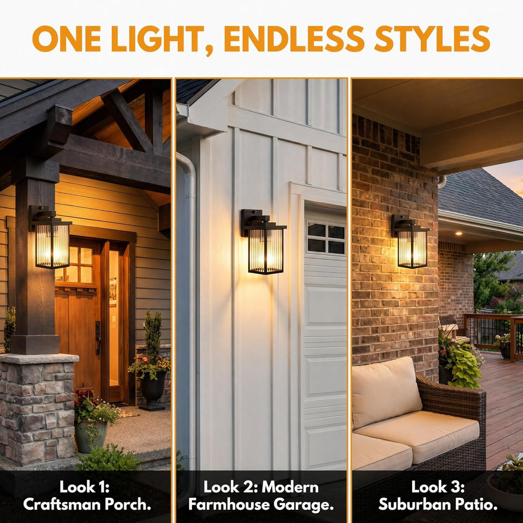 Dusk to Dawn Outdoor Wall Light Fixture, Waterproof Exterior Porch Light with Tempered Glass