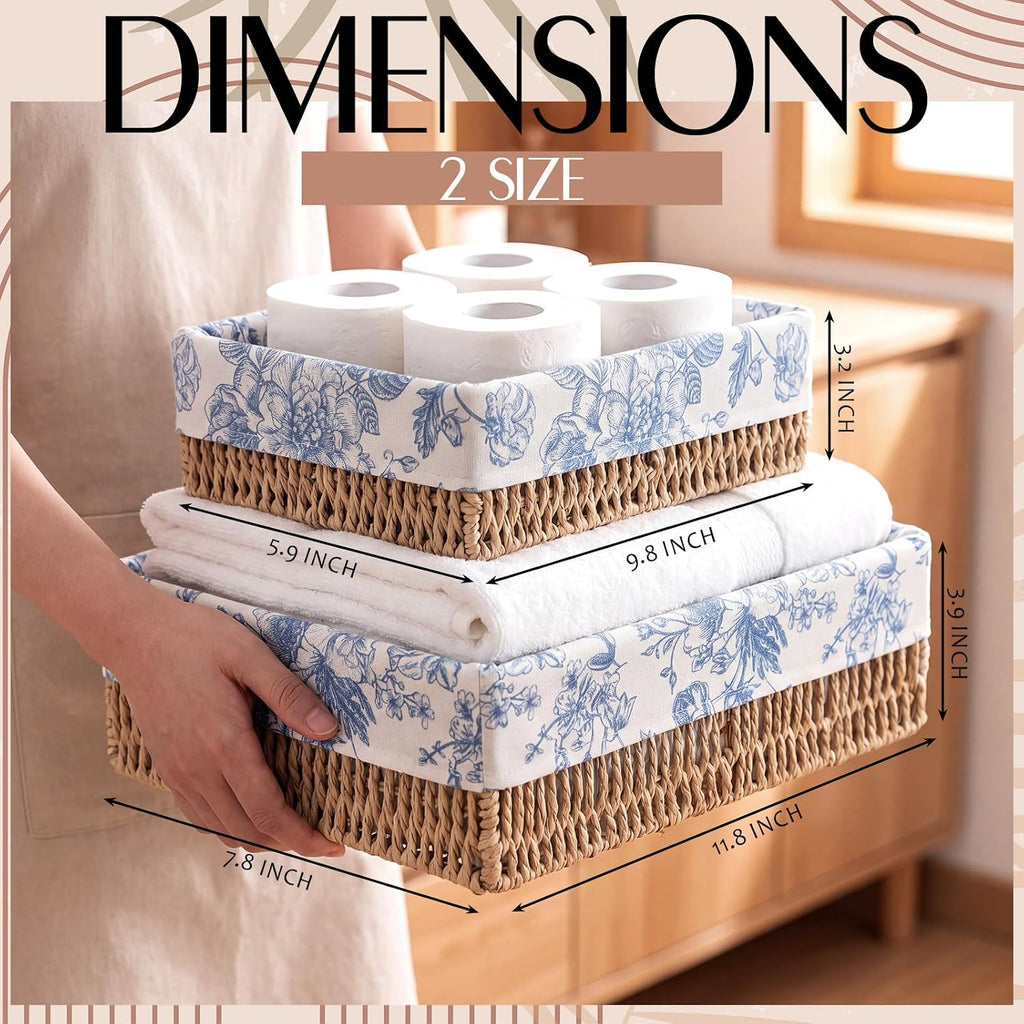 Blue Floral Toilet Paper Storage Basket Set of 2 Chinoiserie Floral Decorative Wicker Bathroom Organizer for Toilet