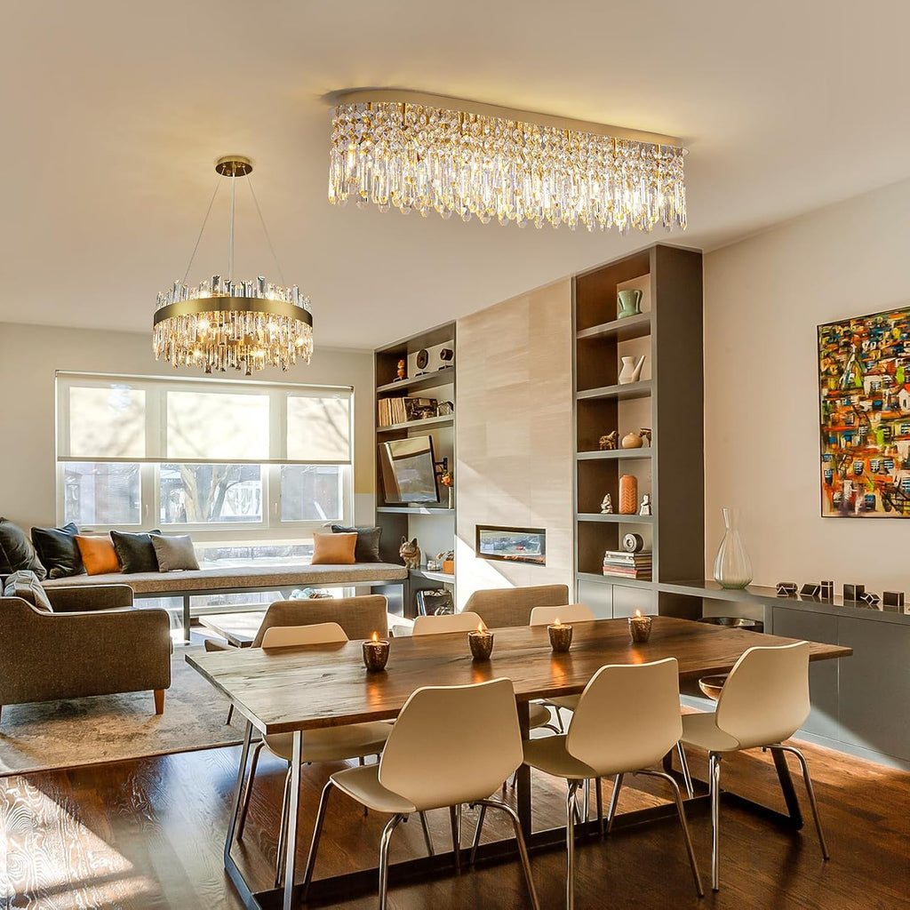 12-Light Modern Gold Crystal Raindrop Chandelier for Dining Room, Luxury Oval Flush Mount Crystal Pendant Ceiling