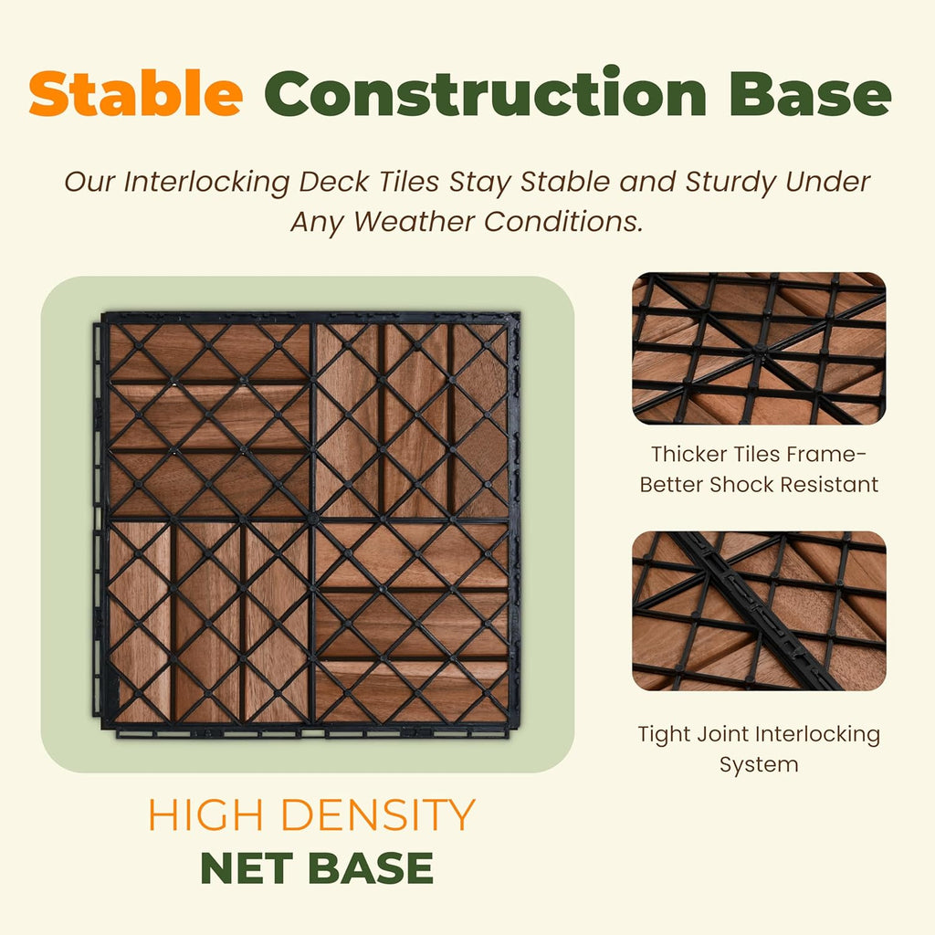 Premium Deck Tiles, 10 PCS 12x12 Outdoor Patio Floor Tiles, Waterproof Wood Flooring Tiles, Snap Tiles for Patio