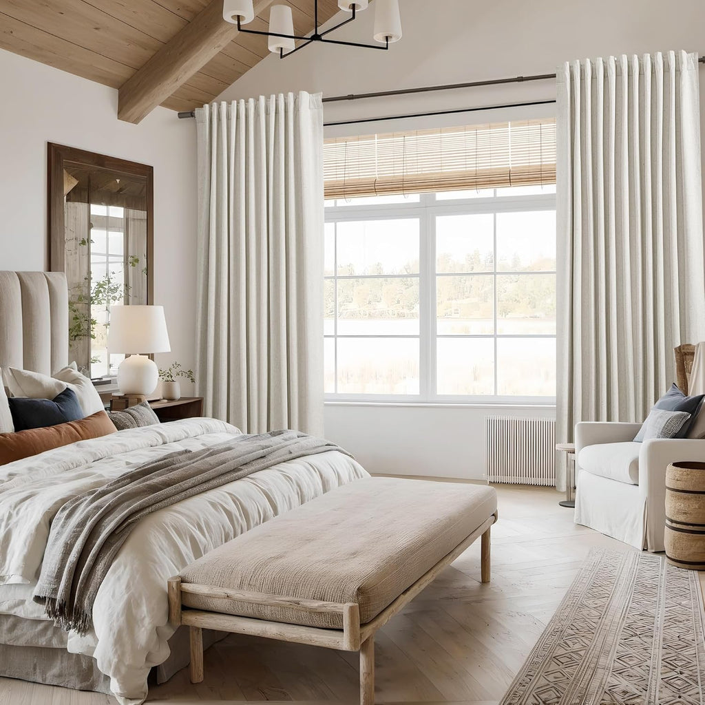 Cream 100% Blackout Linen Curtains Ceiling to Floor 2 Panels for Living Room Bedroom Back Tab