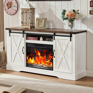 58" Fireplace TV Stand for TV up to 65 Inch with Farmhouse Tall Sliding Barn Doors, Entertainment Center with Storage