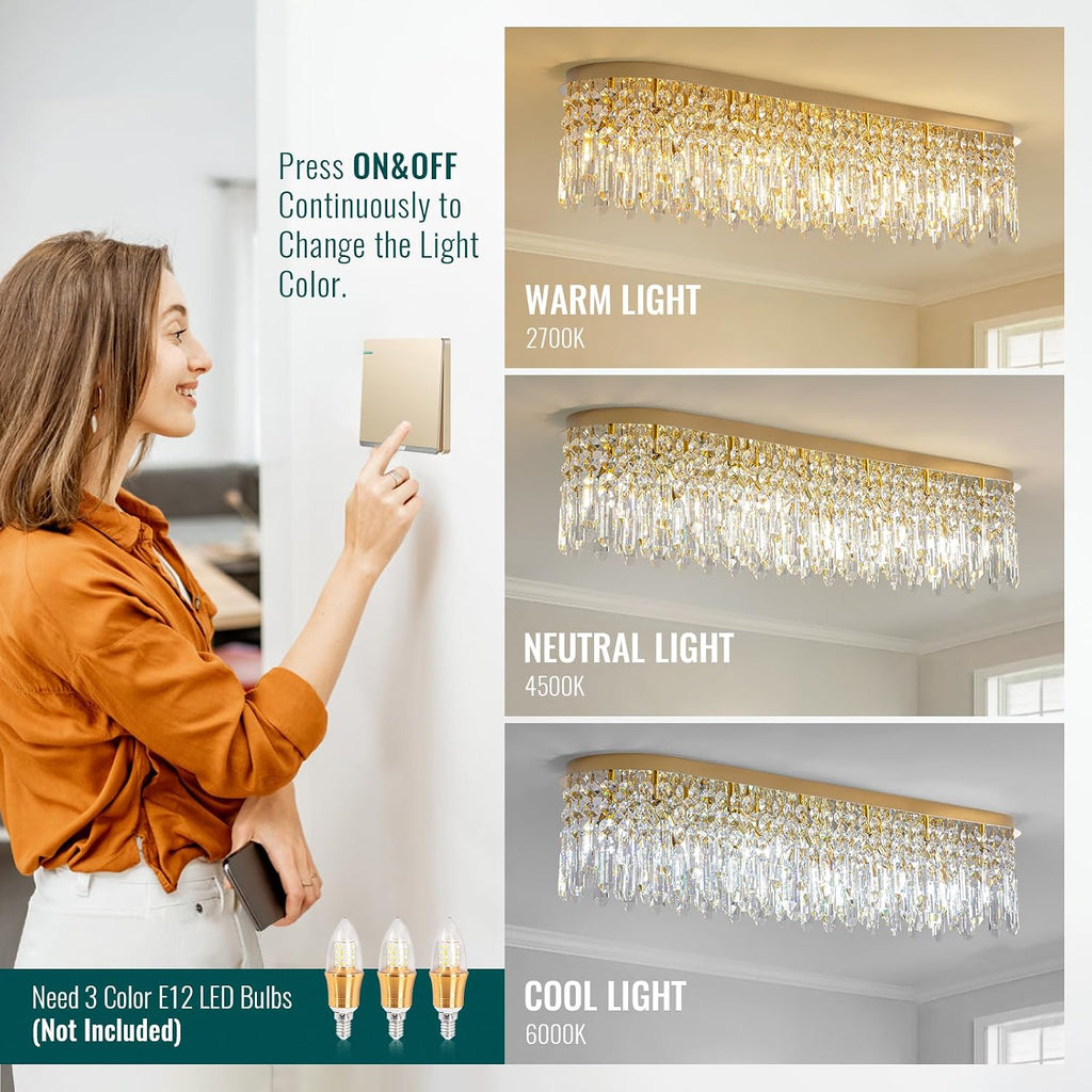12-Light Modern Gold Crystal Raindrop Chandelier for Dining Room, Luxury Oval Flush Mount Crystal Pendant Ceiling