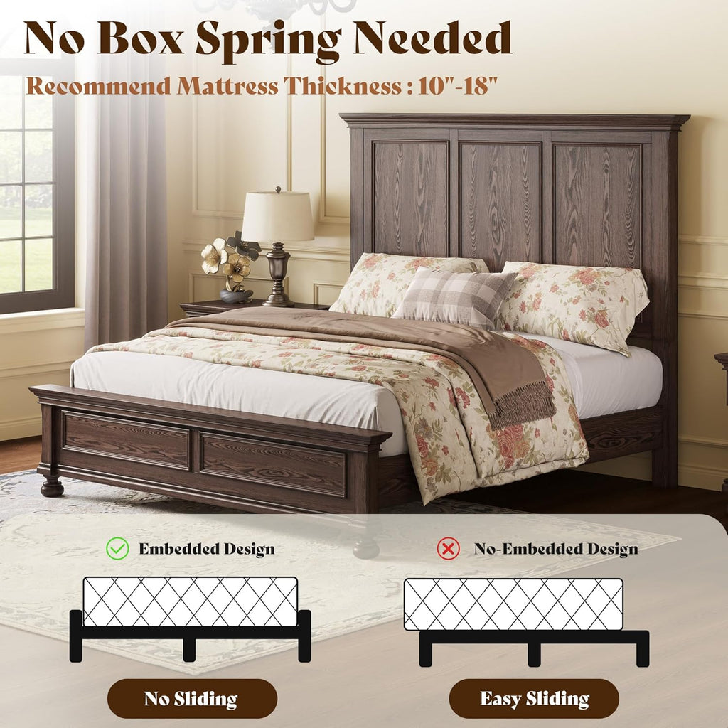 Solid Wood Queen Bed Frame with 65.2" High Headboard, Traditional Platform Bed with Heavy Duty Slats, No Box Spring