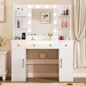 Vanity Desk with Mirror and Lights, Makeup Vanity with Mirror and LED Lights & Power Outlet, 3 Drawers and Cabinets