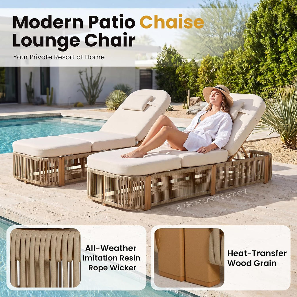 Patio Chaise Lounge Chairs Outdoor, Biege | 5-Position Adjustable Backrest, All Weather PE Rope Wicker, Modern