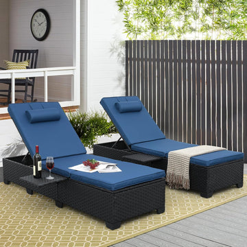 Outdoor Chaise Lounge Chairs for Outside Patio Furniture Set of 2 Wicker Recliner Black Rattan Sunbathing Lounger