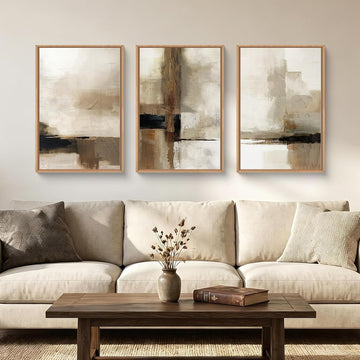 Abstract Neutral Vintage Earth Tone Framed Canvas Wall Art Set,Modern Minimalist Rustic Brown Beige Wall Decor,Wabi