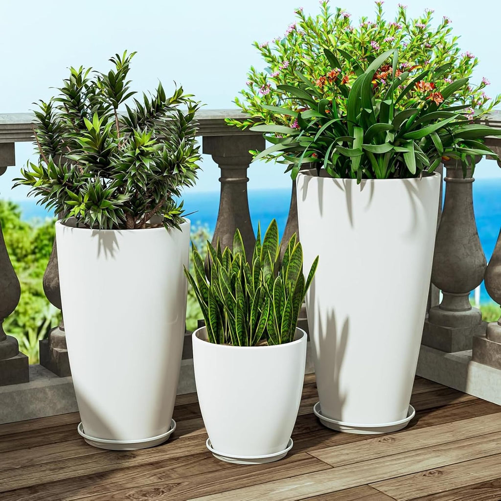 24,21,11 inch Large Planters with Drainage Hole & Saucer, Set of 3 Plant Pots Tall Planter for Indoor & Outdoor