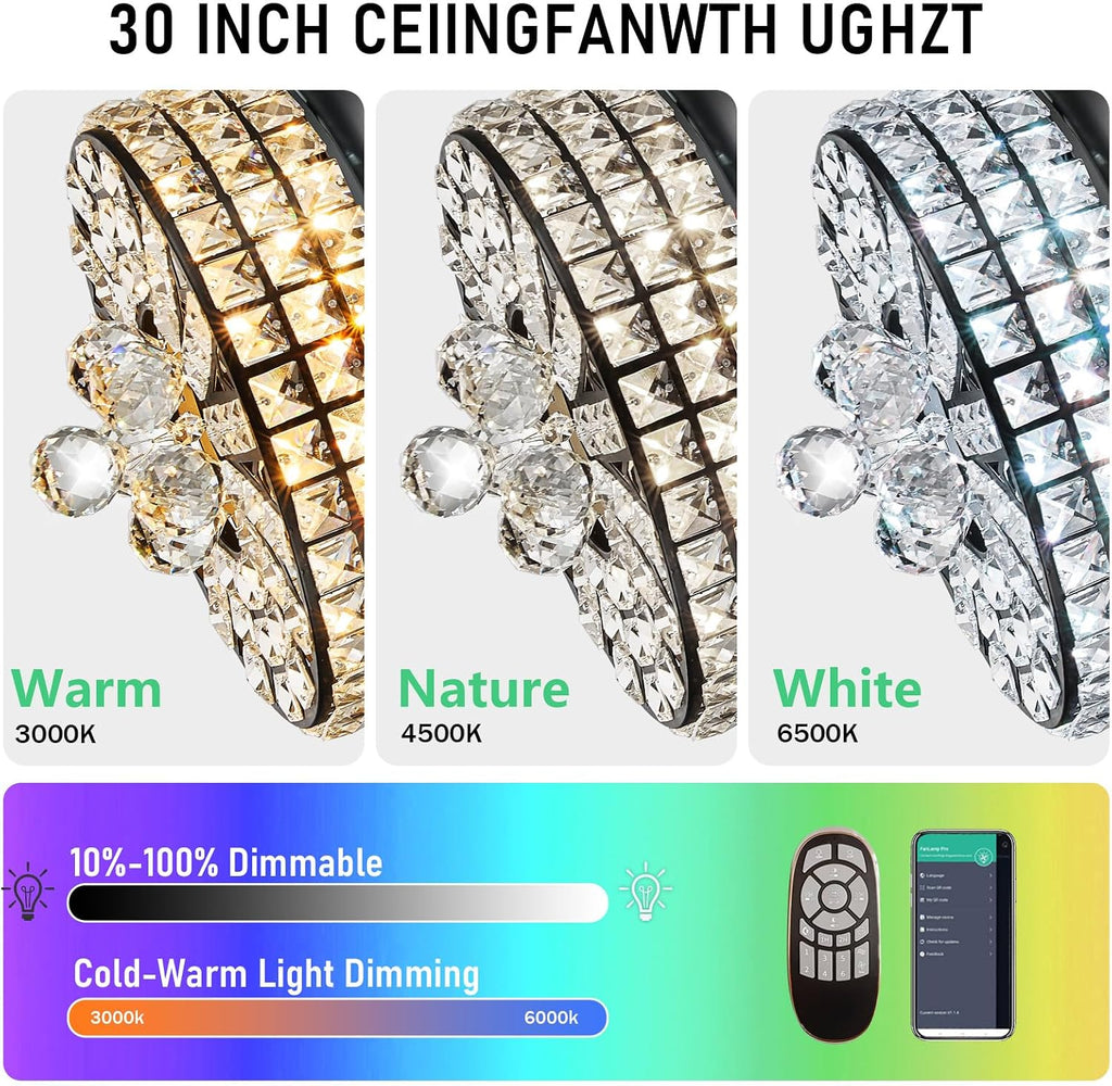 30" RGB Crystal Ceiling Fan with Light, Retractable Modern Chandelier Fan 6 Speeds Reversible Blades Black