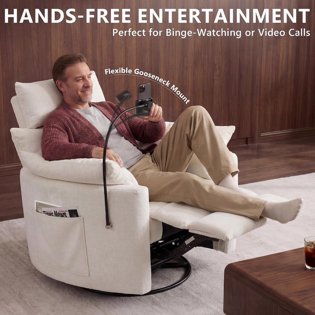 Chenille Nursery Rocking Chairs Recliner, Manual, White | 4" Height and 55° Angle Adjustable Headrest, 360° Silent