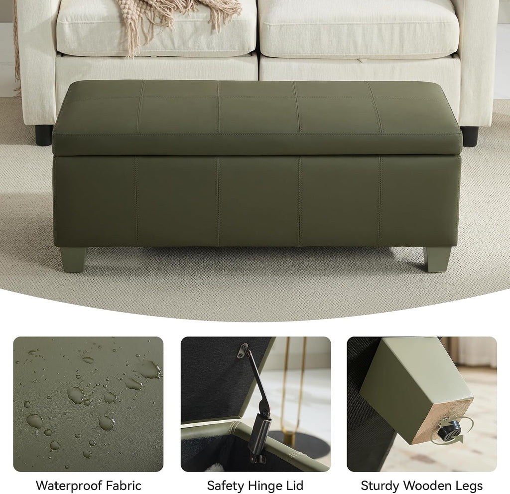 41" Faux Leather Storage Ottoman, Stitch Tufted Rectangle Upholstered End of Bed Storage Bench, Entryway Large Couch