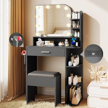 Black Vanity, Set with Big Mirror, Lights & Chair, for Girls | Small footprint, huge storage, 14.2×26.5×54.4"