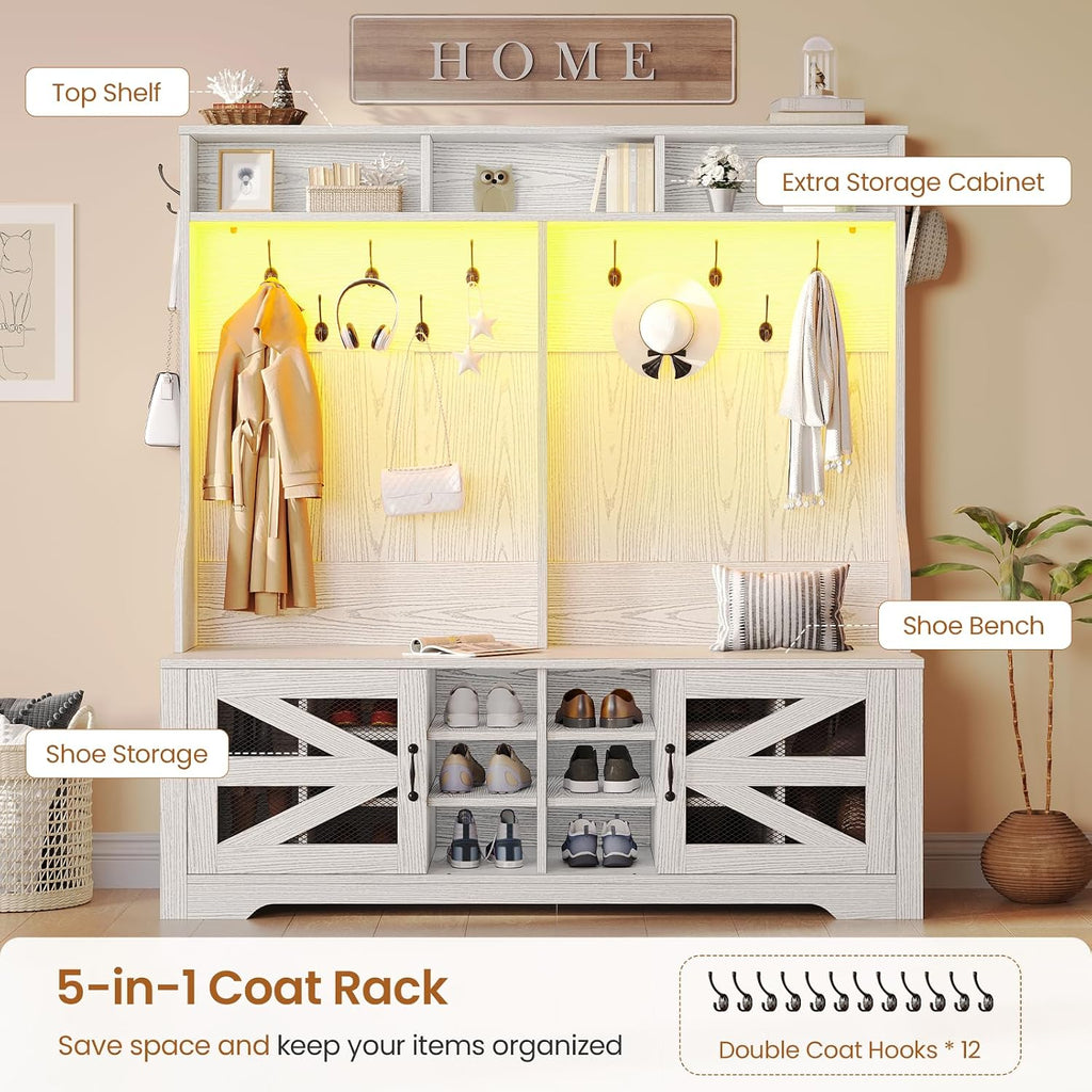 Hall Tree with Bench and Shoe Storage, 5-in-1 Entryway Bench with Coat Rack, 16 Shoe Cubbies & 12 Coat Hooks, Barn