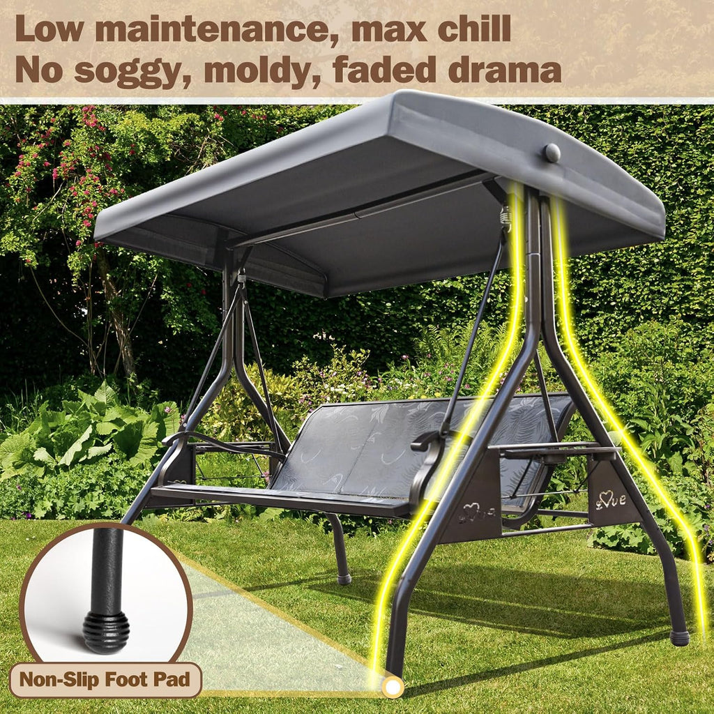 3 Person Patio Swing Outdoor Swing for Adults with Adjustable Canopy &Upgraded Cup Holders Textilene Fabric Porch